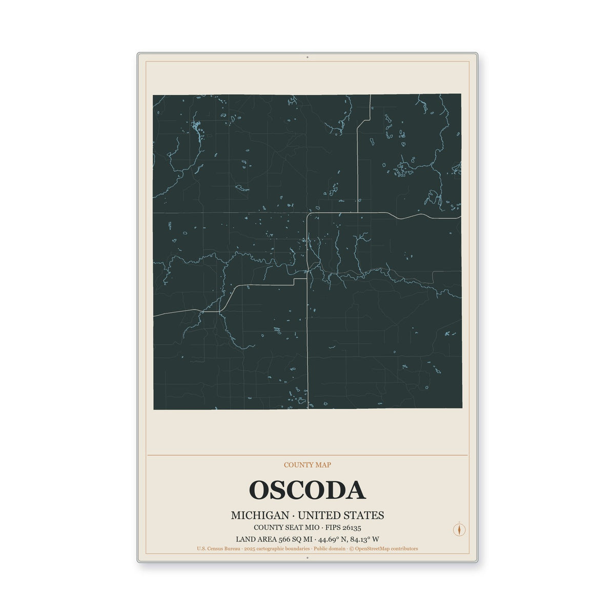 Oscoda County, Michigan Map Aluminum Sign in Headline Atlas style