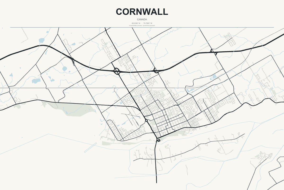 Cornwall, Canada City Map Aluminum Sign in Headline Atlas style