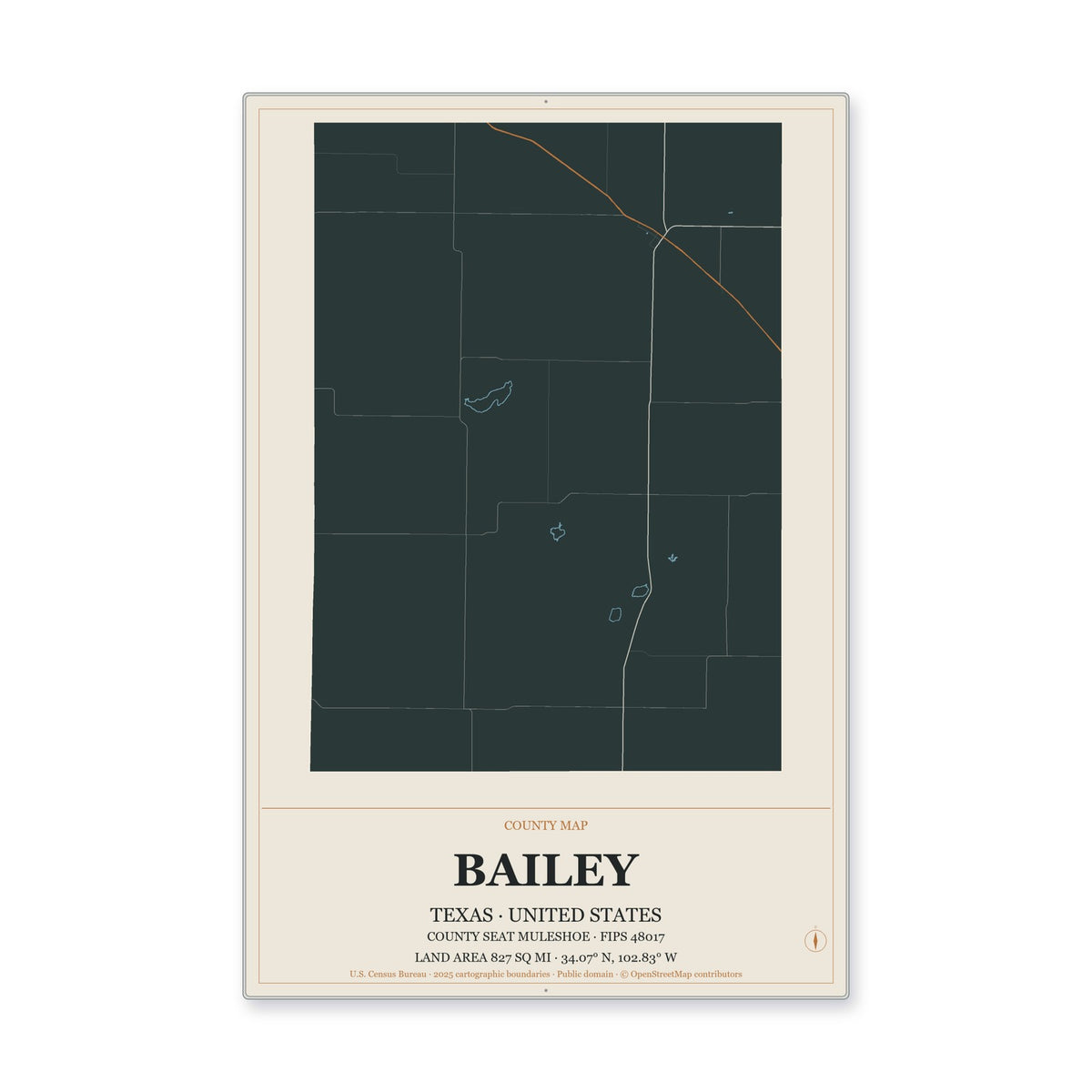 Bailey County, Texas Map Aluminum Sign in Headline Atlas style