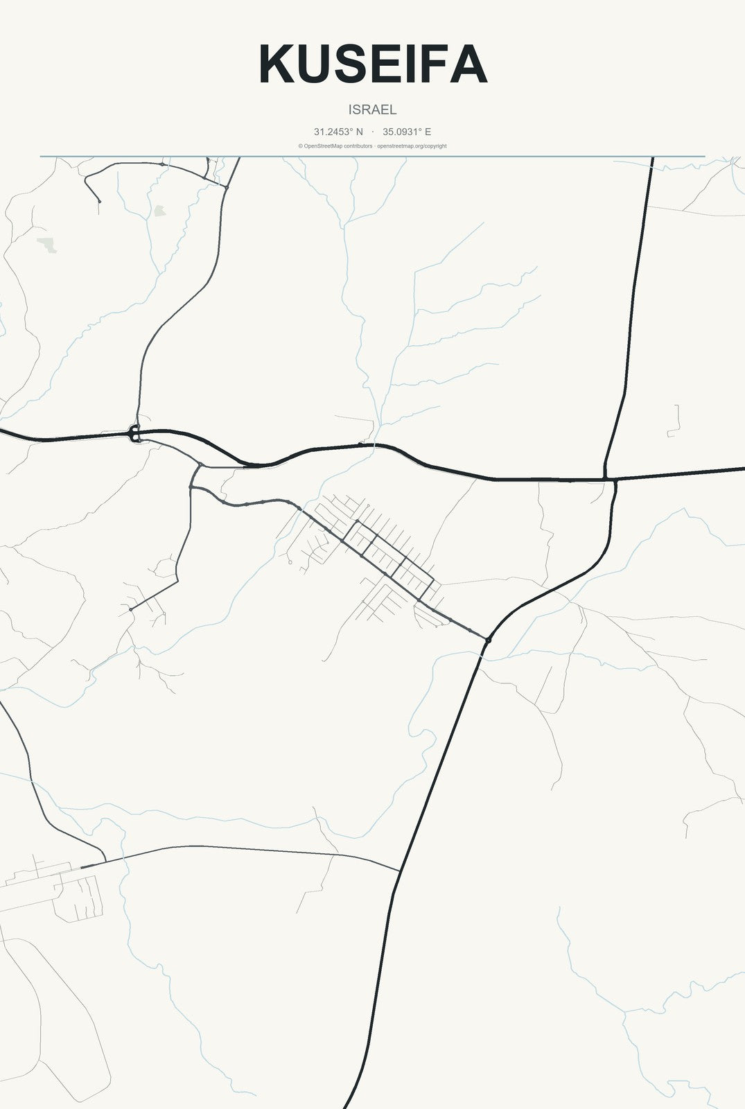 Kuseifa, Israel City Map Aluminum Sign in Headline Atlas style
