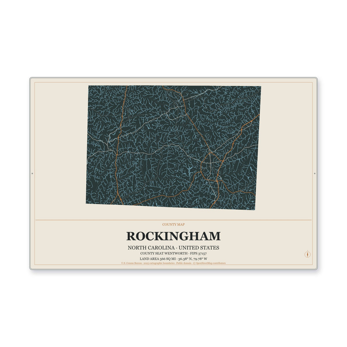 Rockingham County, North Carolina Map Aluminum Sign in Headline Atlas style