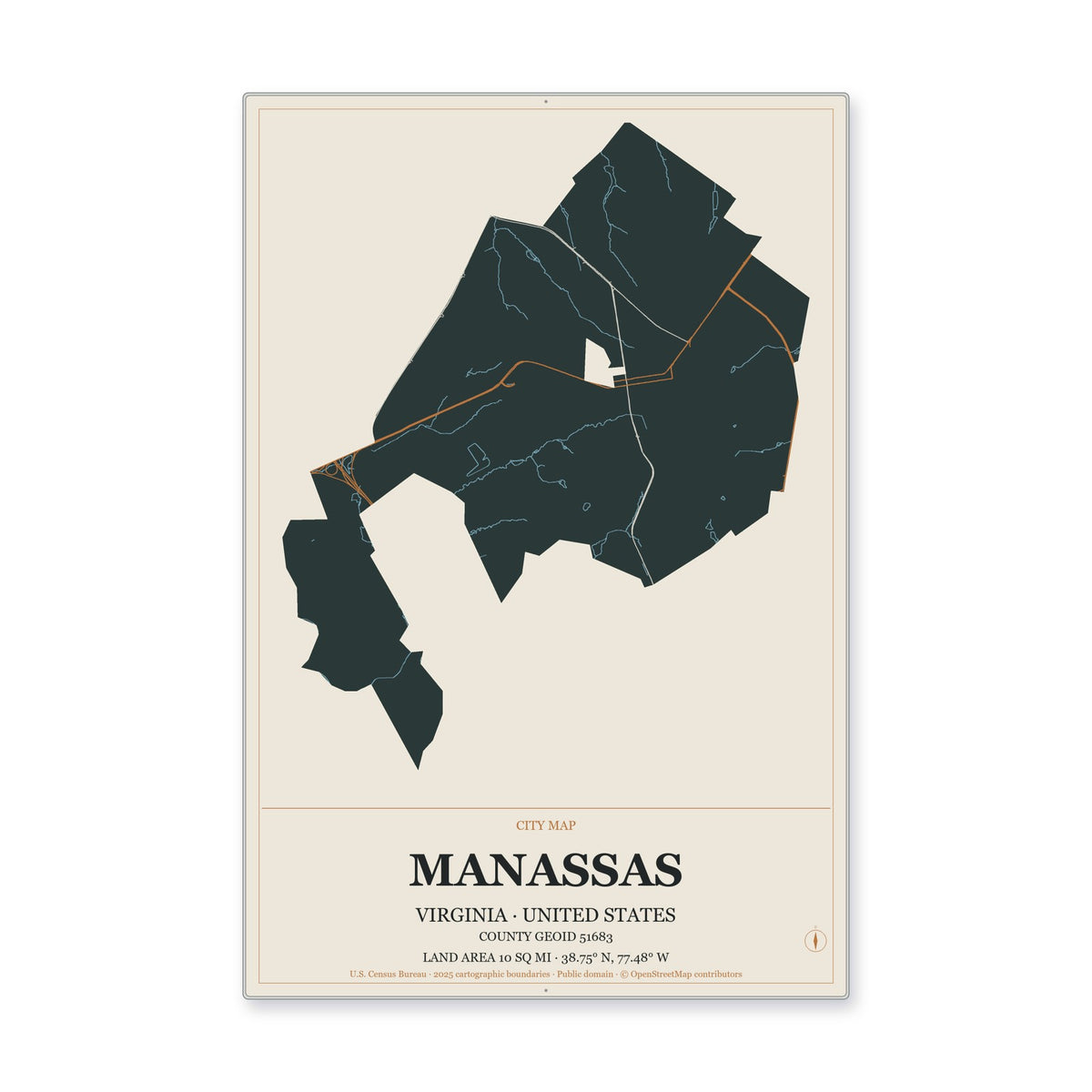 Manassas city, Virginia Map Aluminum Sign in Headline Atlas style