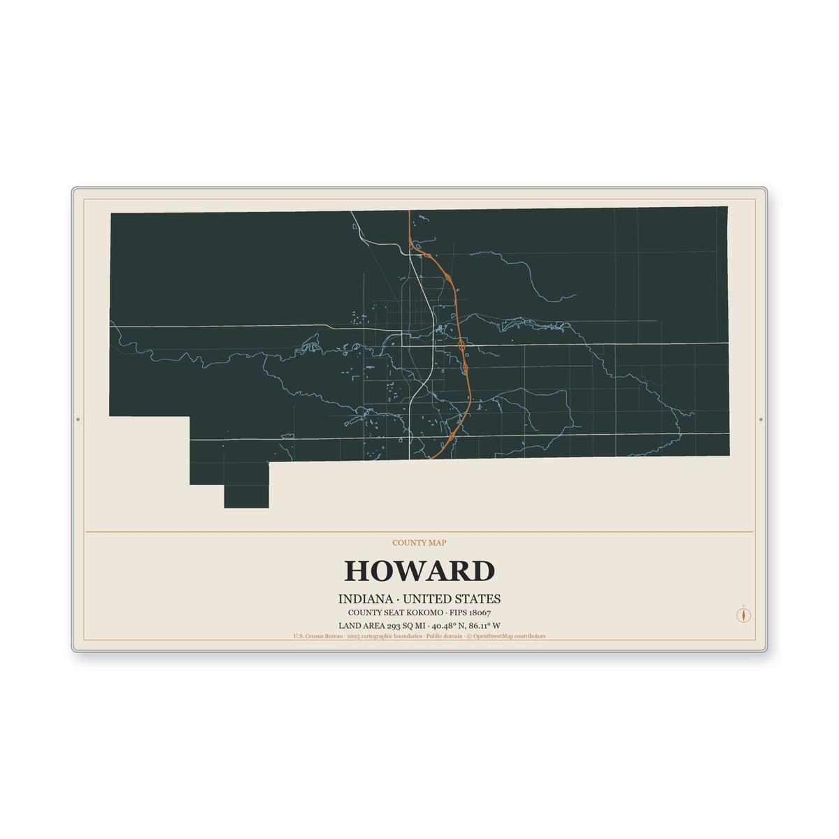 Howard County, Indiana Map Aluminum Sign in Headline Atlas style