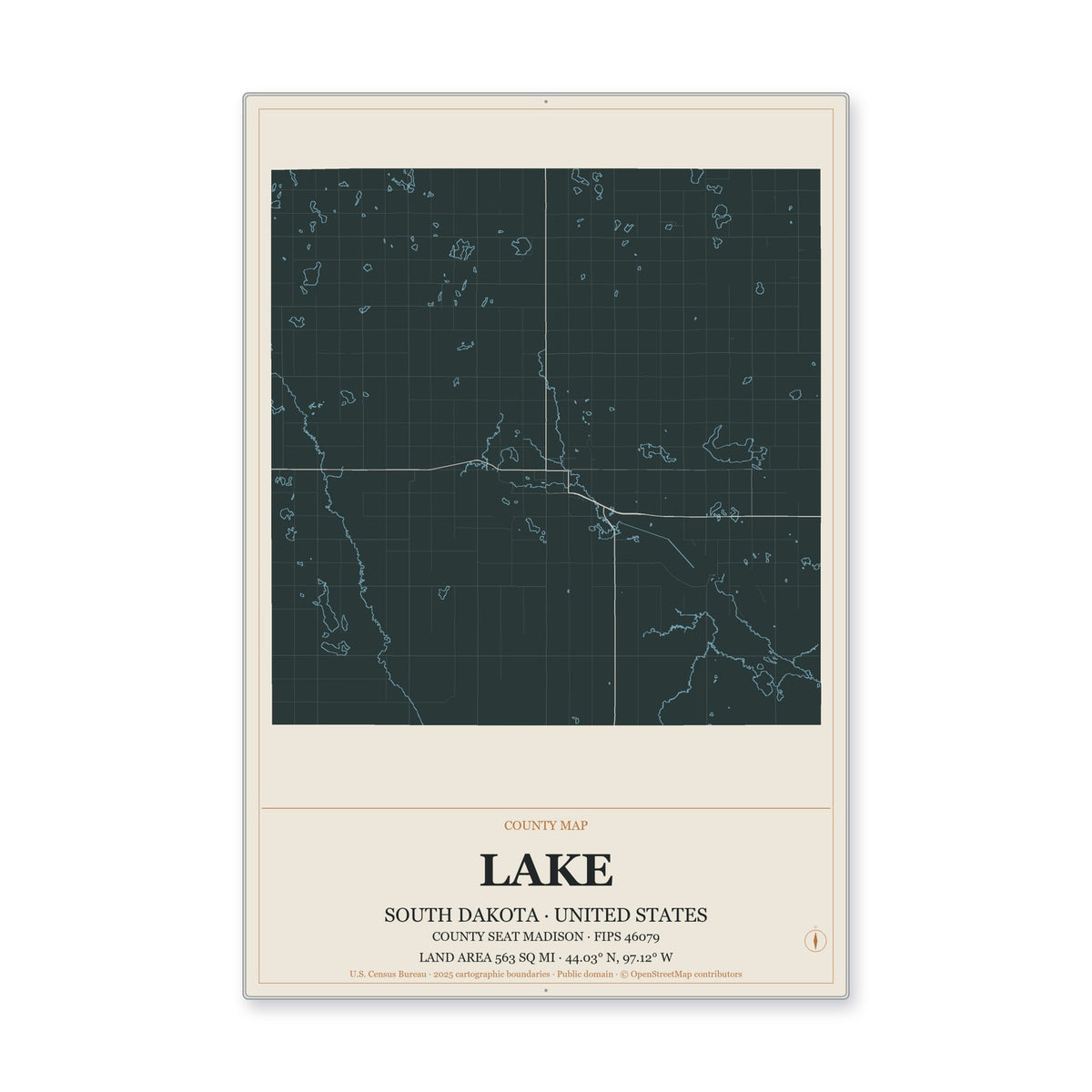 Lake County, South Dakota Map Aluminum Sign in Headline Atlas style