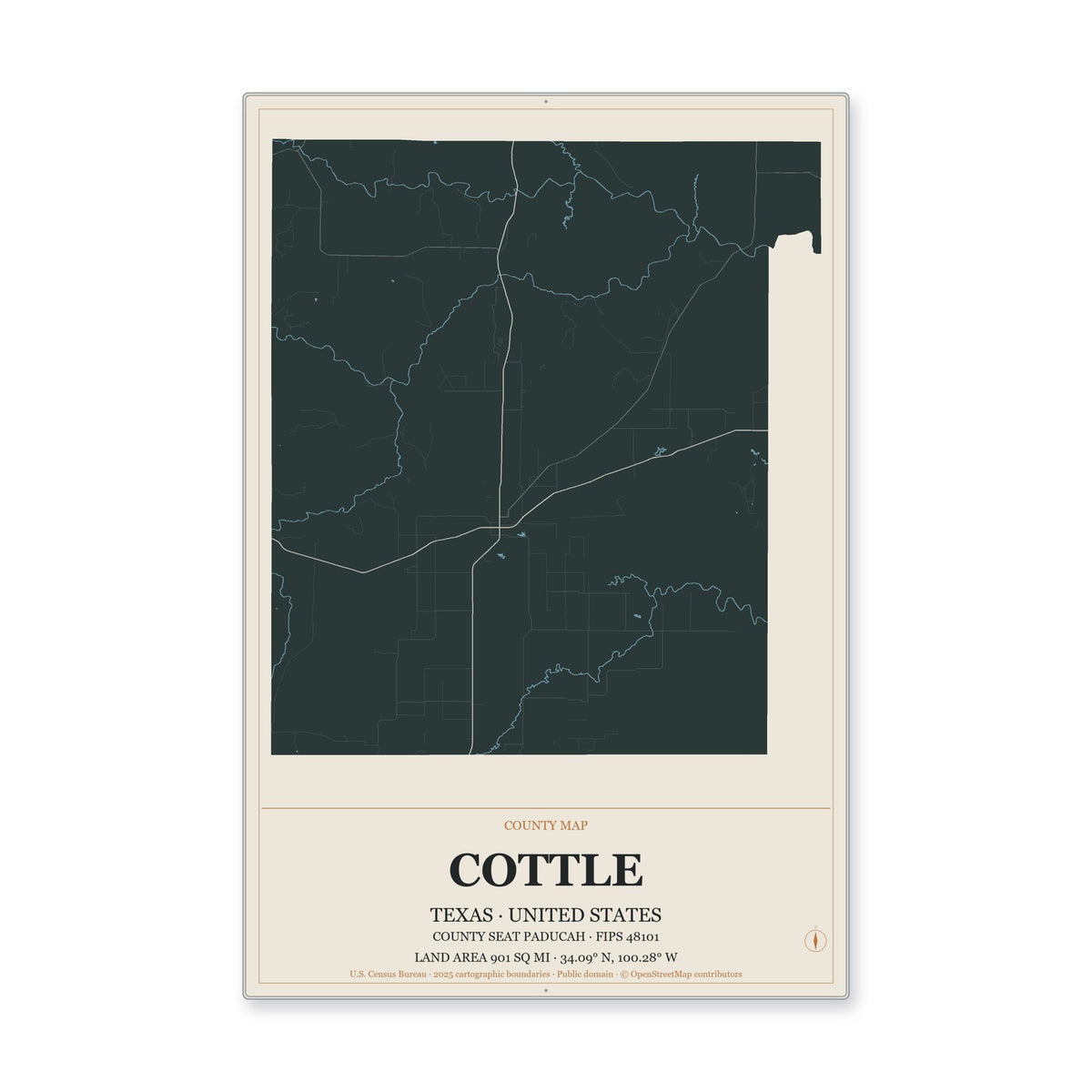 Cottle County, Texas Map Aluminum Sign in Headline Atlas style