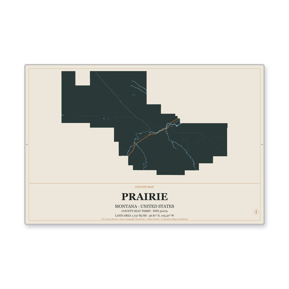 Prairie County, Montana Map Aluminum Sign in Headline Atlas style