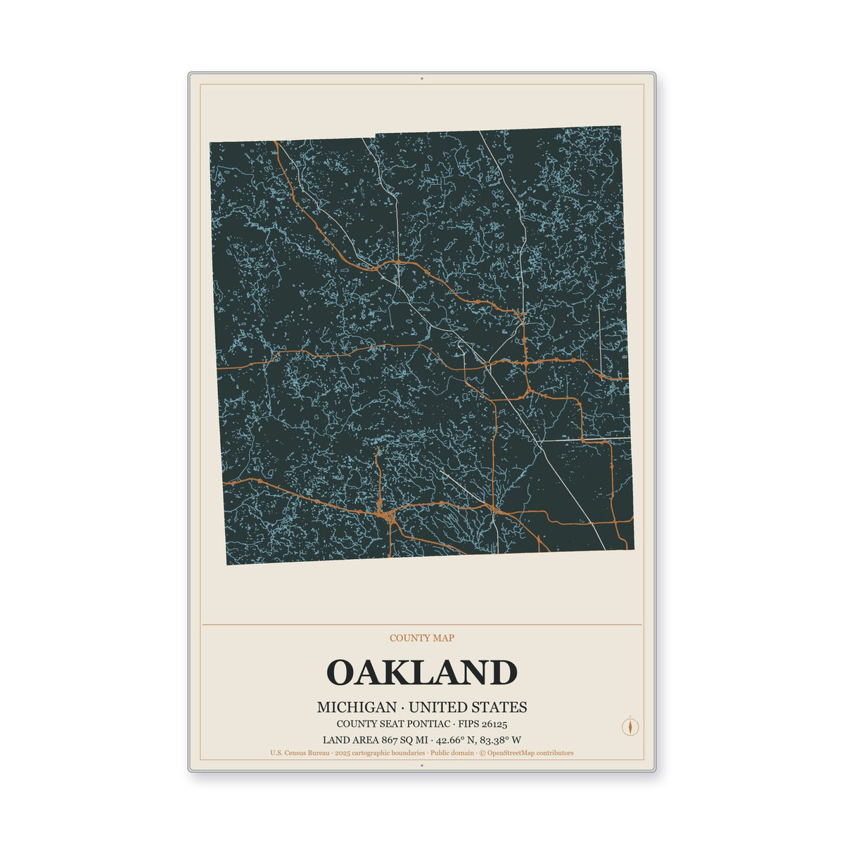 Oakland County, Michigan Map Aluminum Sign in Headline Atlas style