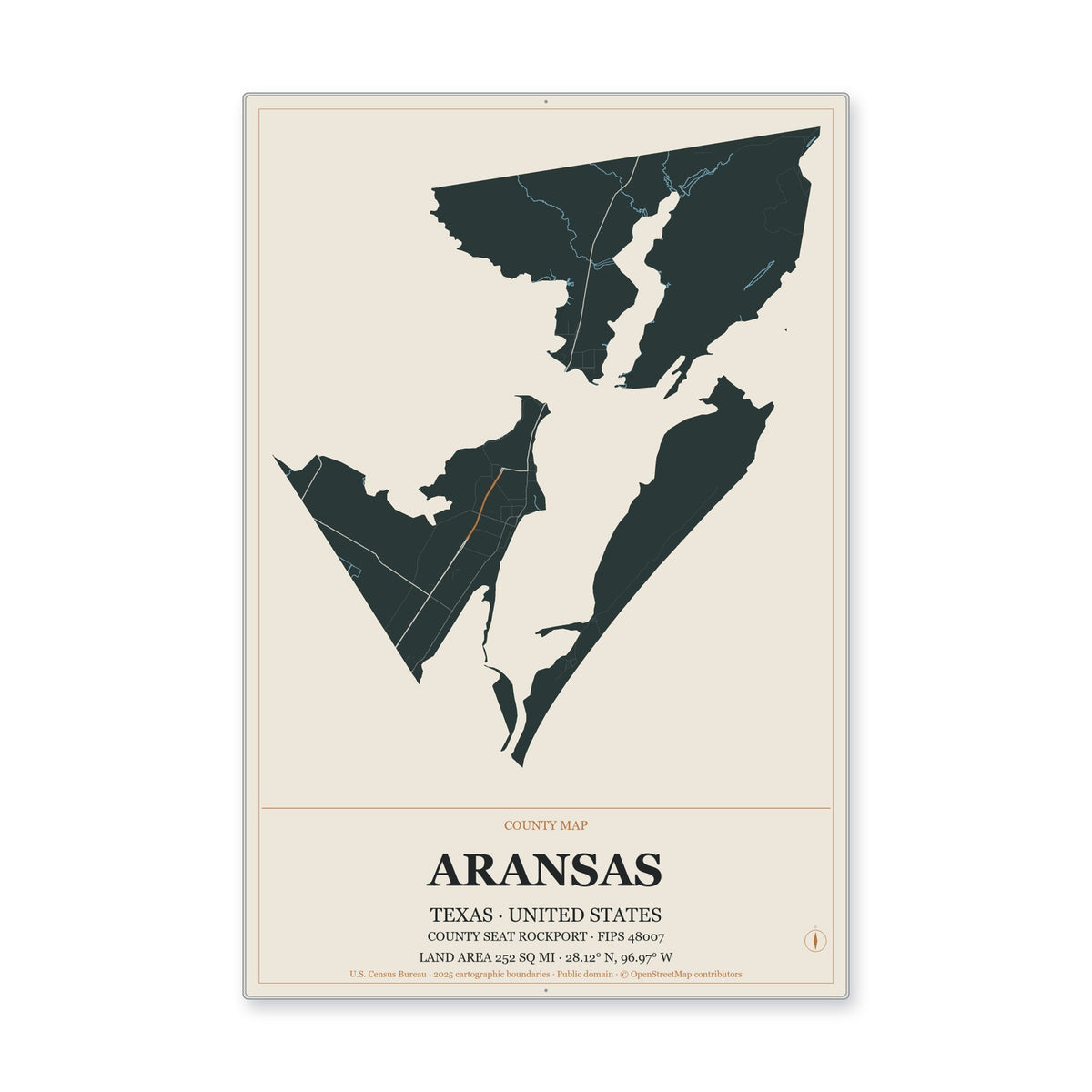 Aransas County, Texas Map Aluminum Sign in Headline Atlas style