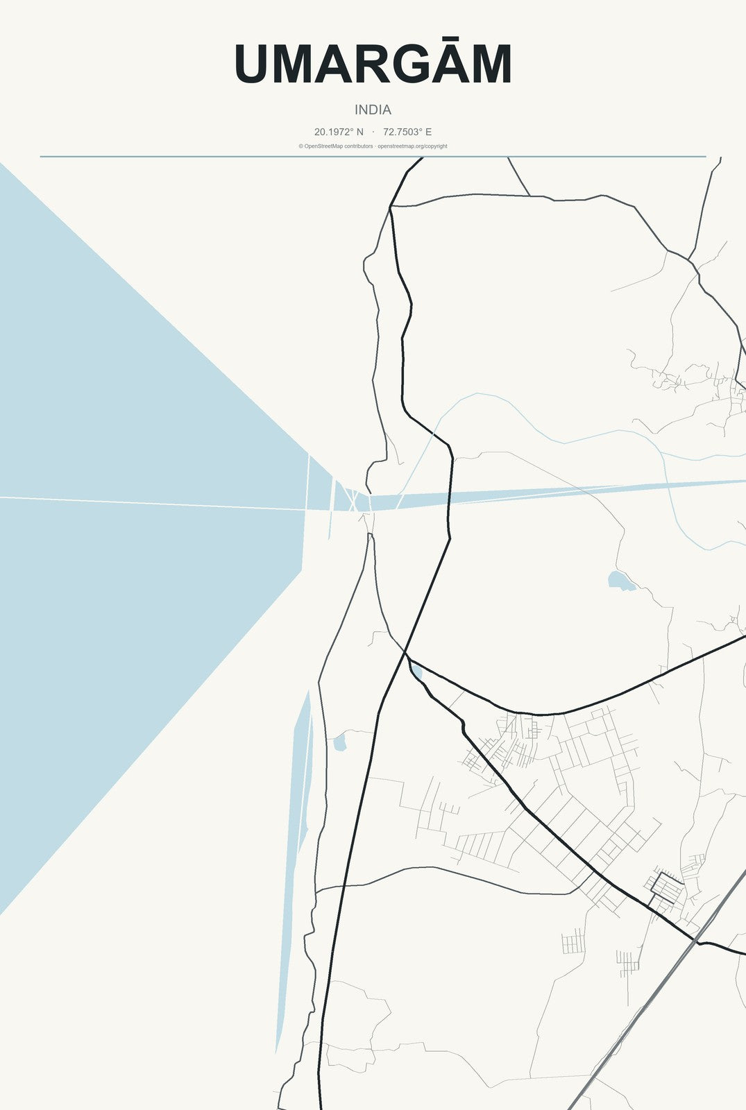 Umargām, India City Map Aluminum Sign in Headline Atlas style