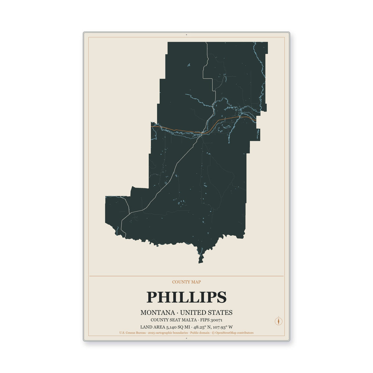 Phillips County, Montana Map Aluminum Sign in Headline Atlas style