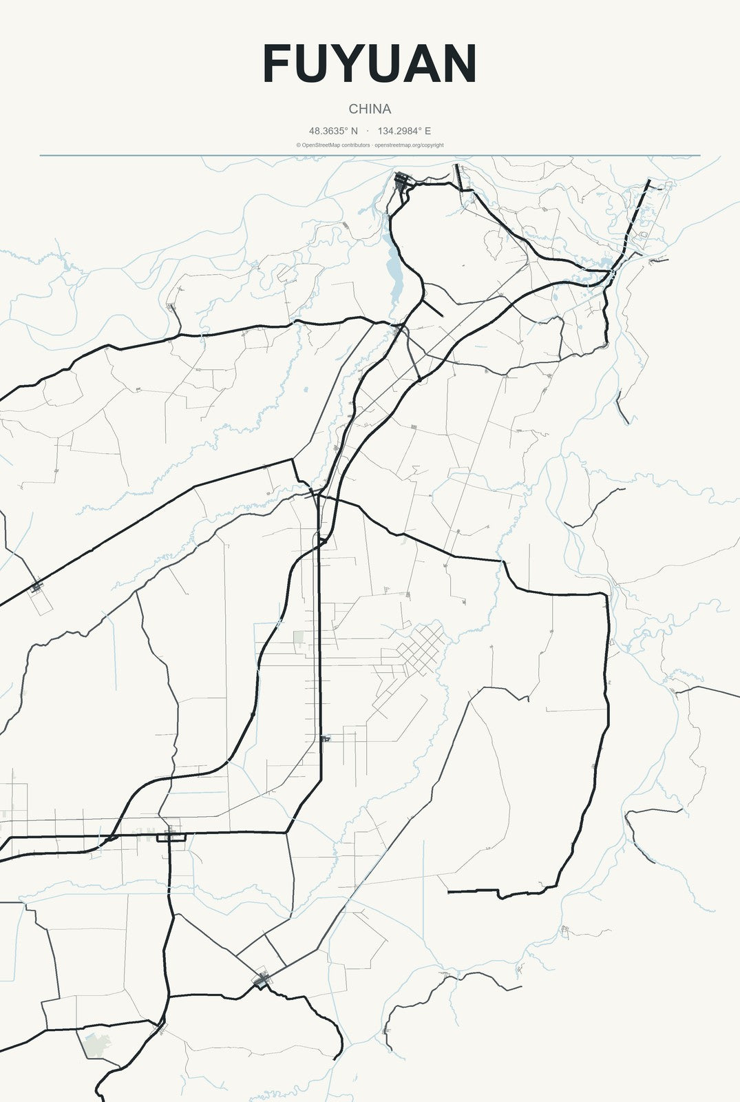 Fuyuan, China City Map Aluminum Sign in Headline Atlas style