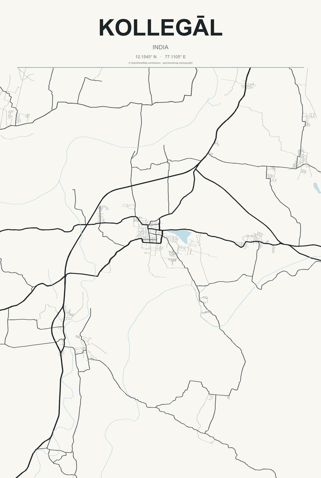Kollegāl, India City Map Aluminum Sign in Headline Atlas style