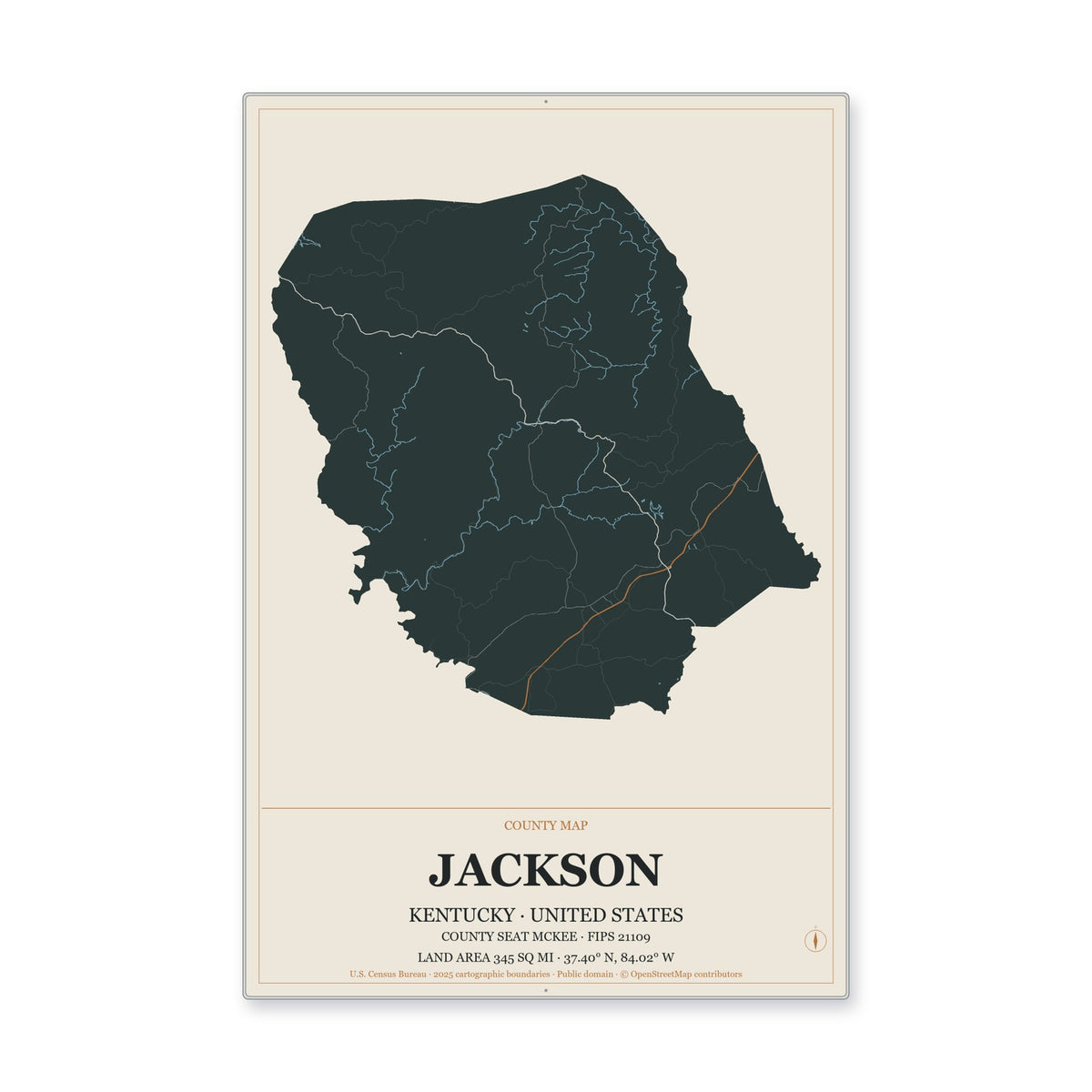 Jackson County, Kentucky Map Aluminum Sign in Headline Atlas style