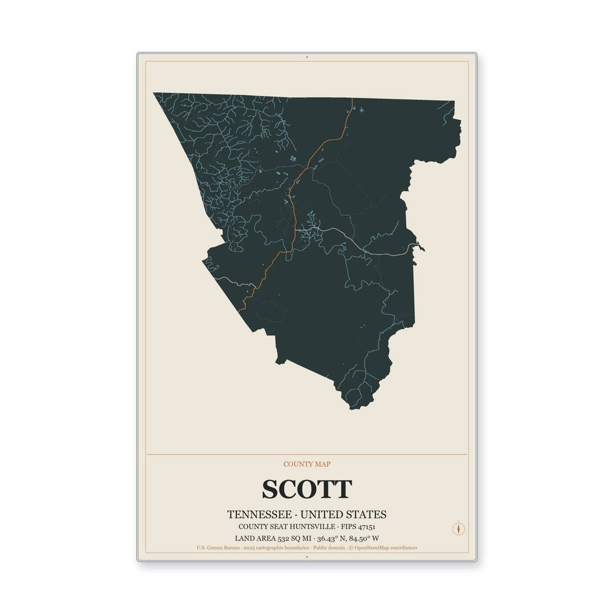 Scott County, Tennessee Map Aluminum Sign in Headline Atlas style