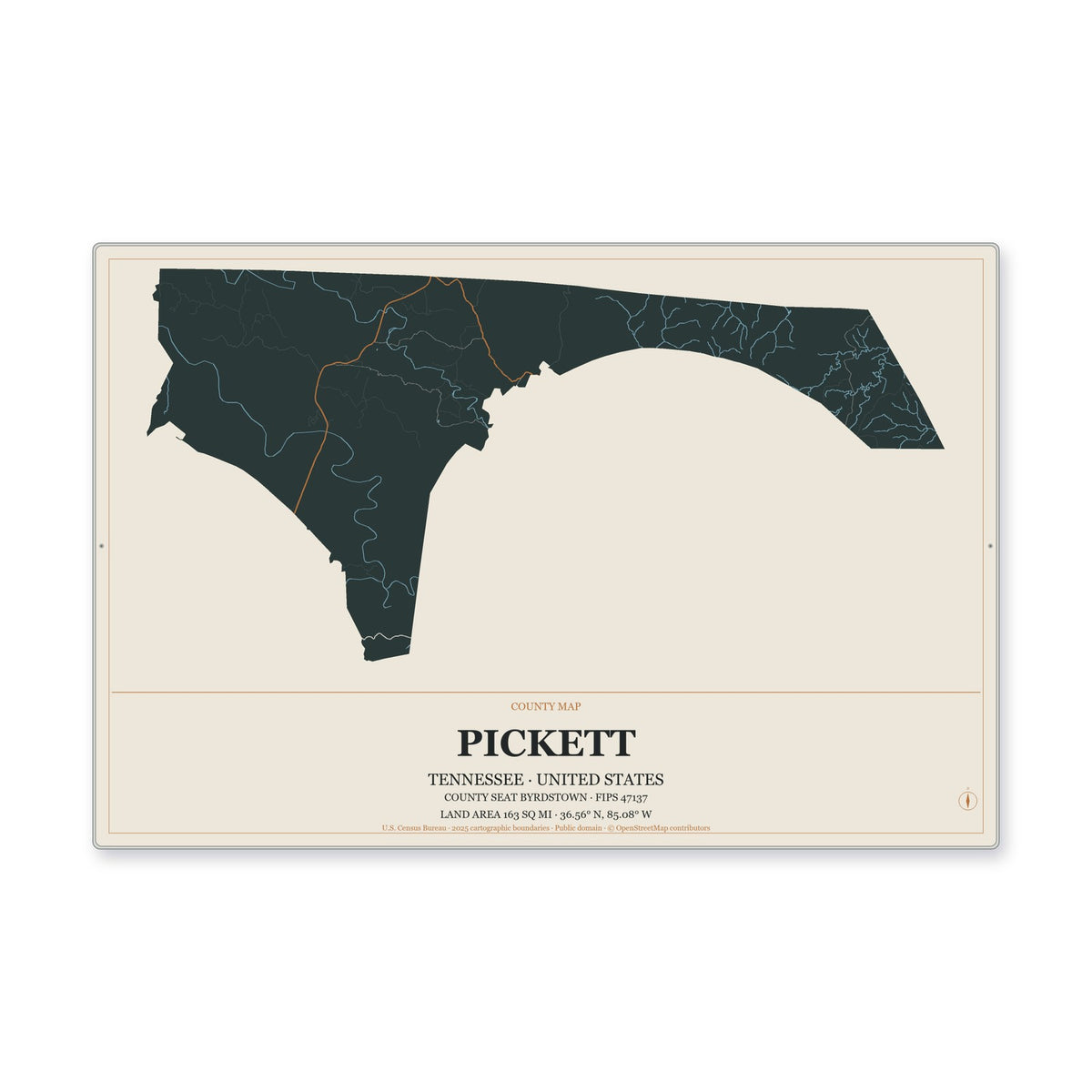 Pickett County, Tennessee Map Aluminum Sign in Headline Atlas style