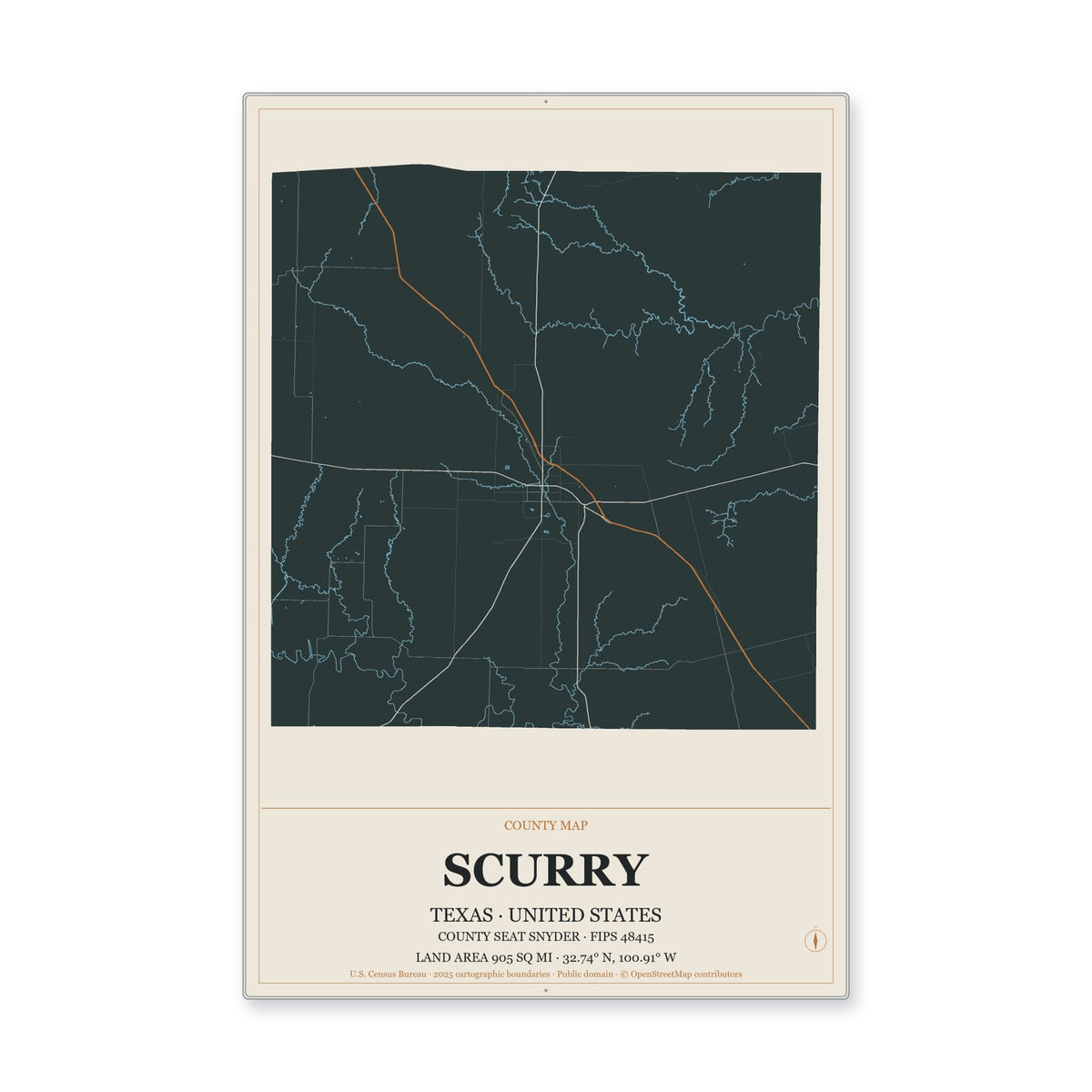 Scurry County, Texas Map Aluminum Sign in Headline Atlas style