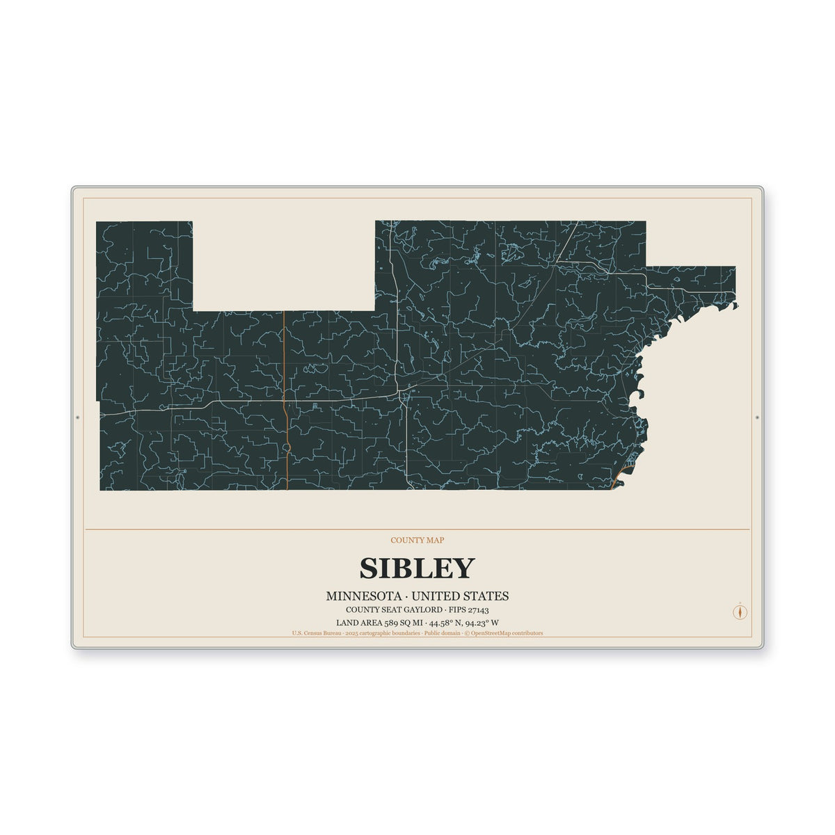 Sibley County, Minnesota Map Aluminum Sign in Headline Atlas style