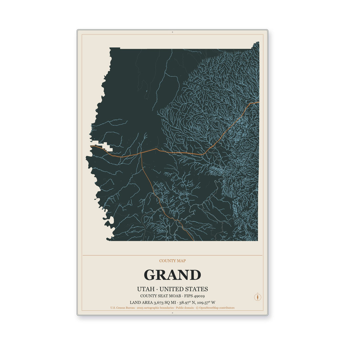 Grand County, Utah Map Aluminum Sign in Headline Atlas style