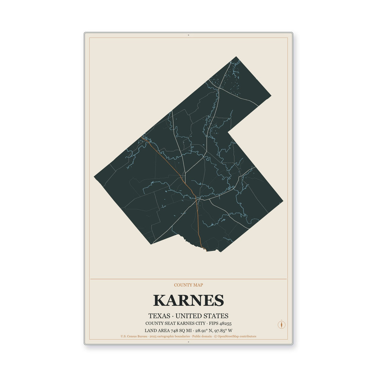 Karnes County, Texas Map Aluminum Sign in Headline Atlas style