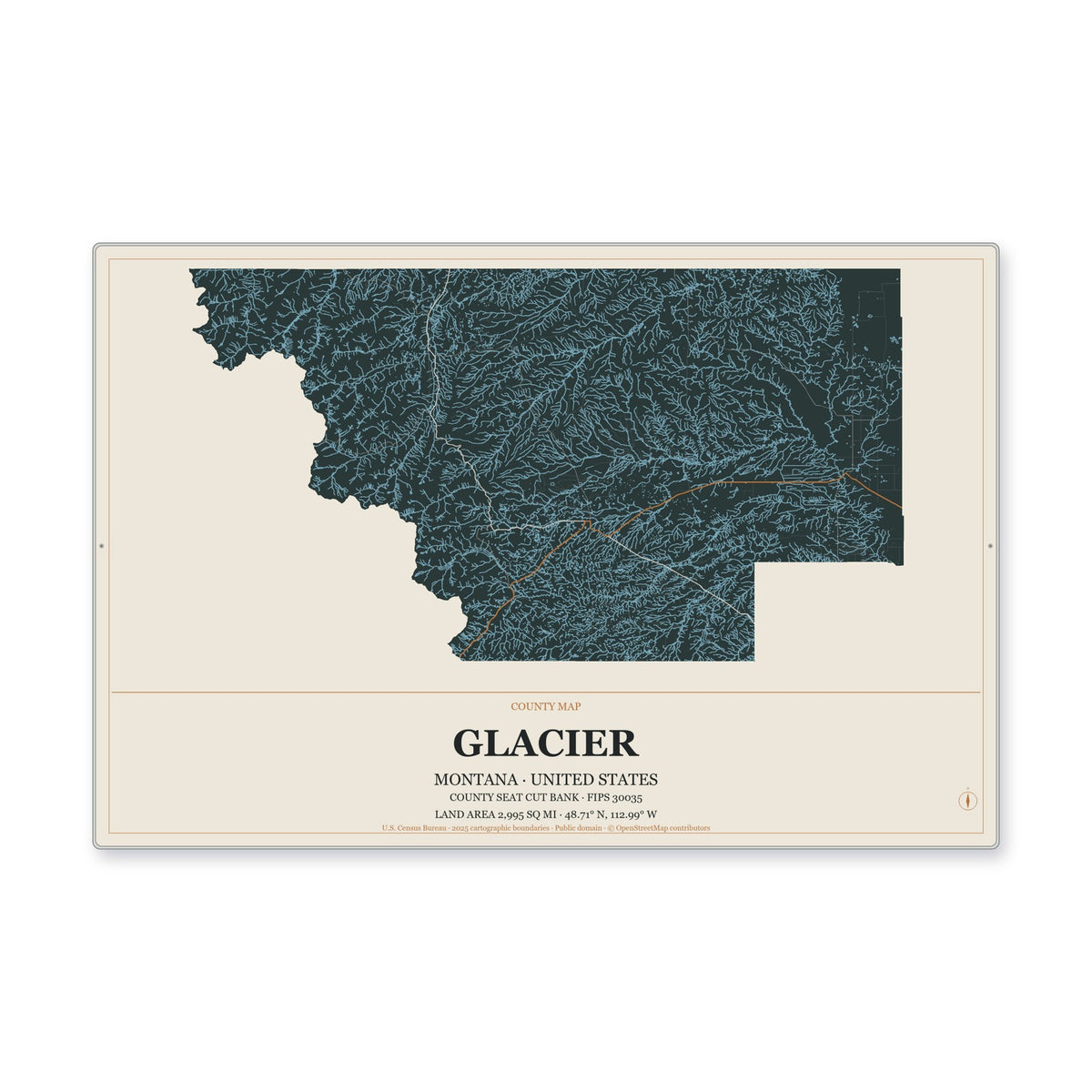 Glacier County, Montana Map Aluminum Sign in Headline Atlas style