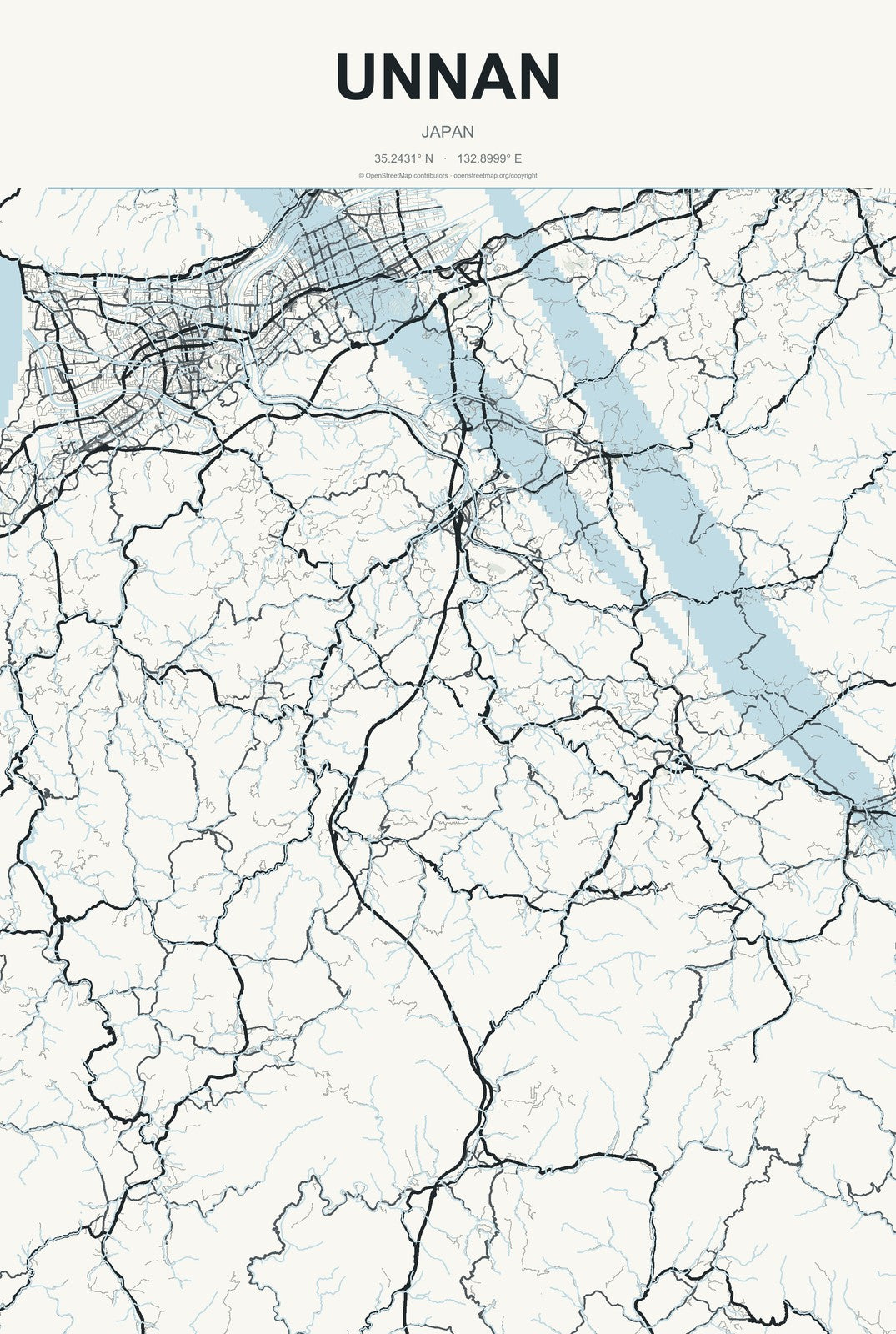 Unnan, Japan City Map Aluminum Sign in Headline Atlas style