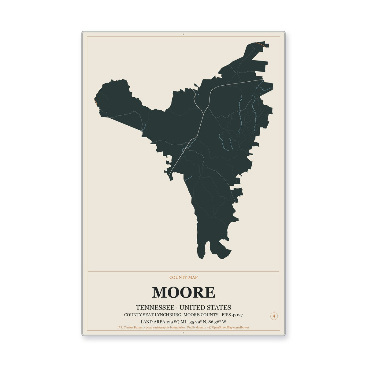 Moore County, Tennessee Map Aluminum Sign in Headline Atlas style