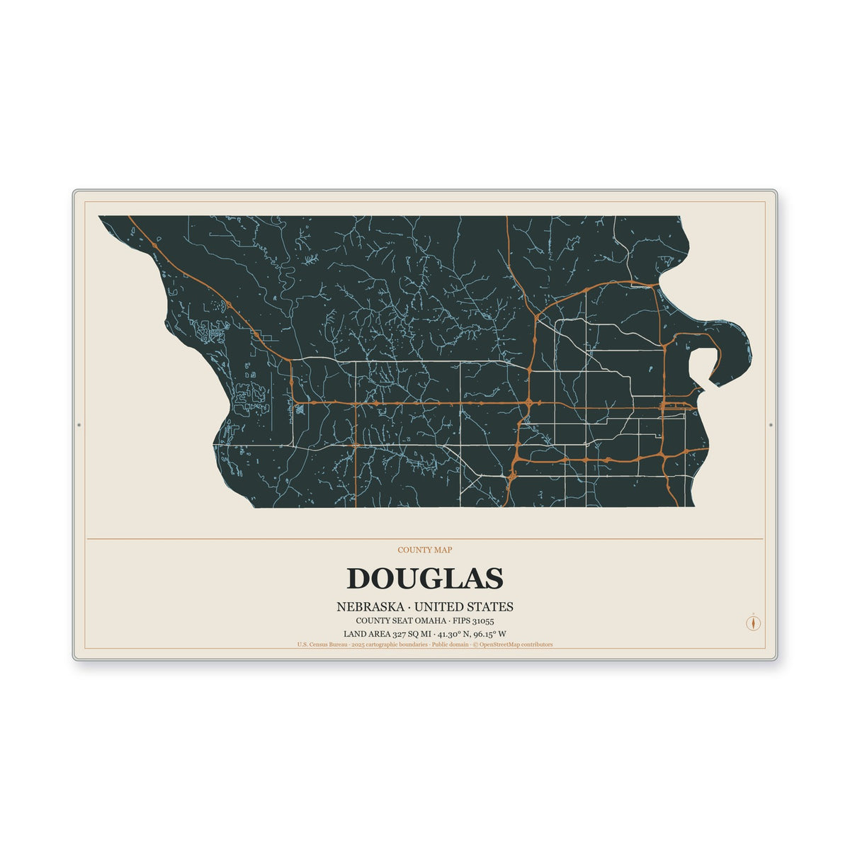 Douglas County, Nebraska Map Aluminum Sign in Headline Atlas style