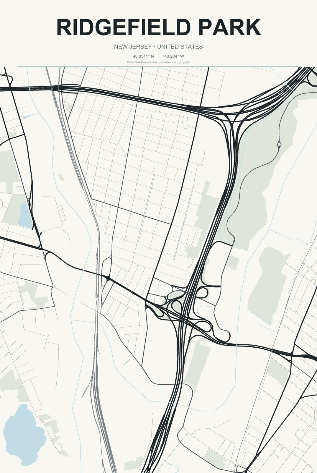 Ridgefield Park, New Jersey City Map Aluminum Sign in Headline Atlas style