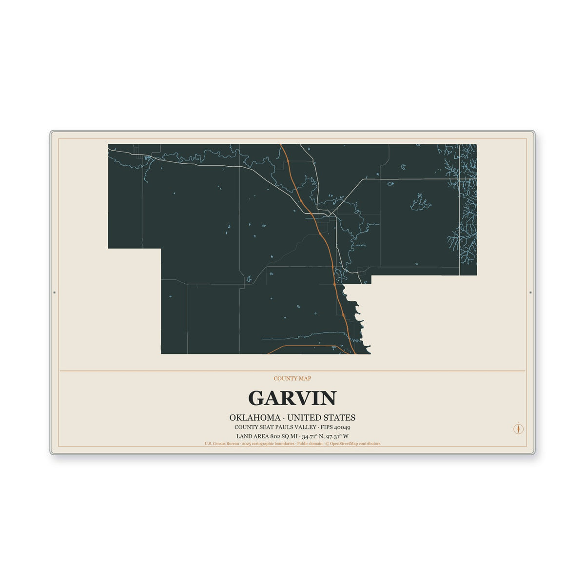 Garvin County, Oklahoma Map Aluminum Sign in Headline Atlas style
