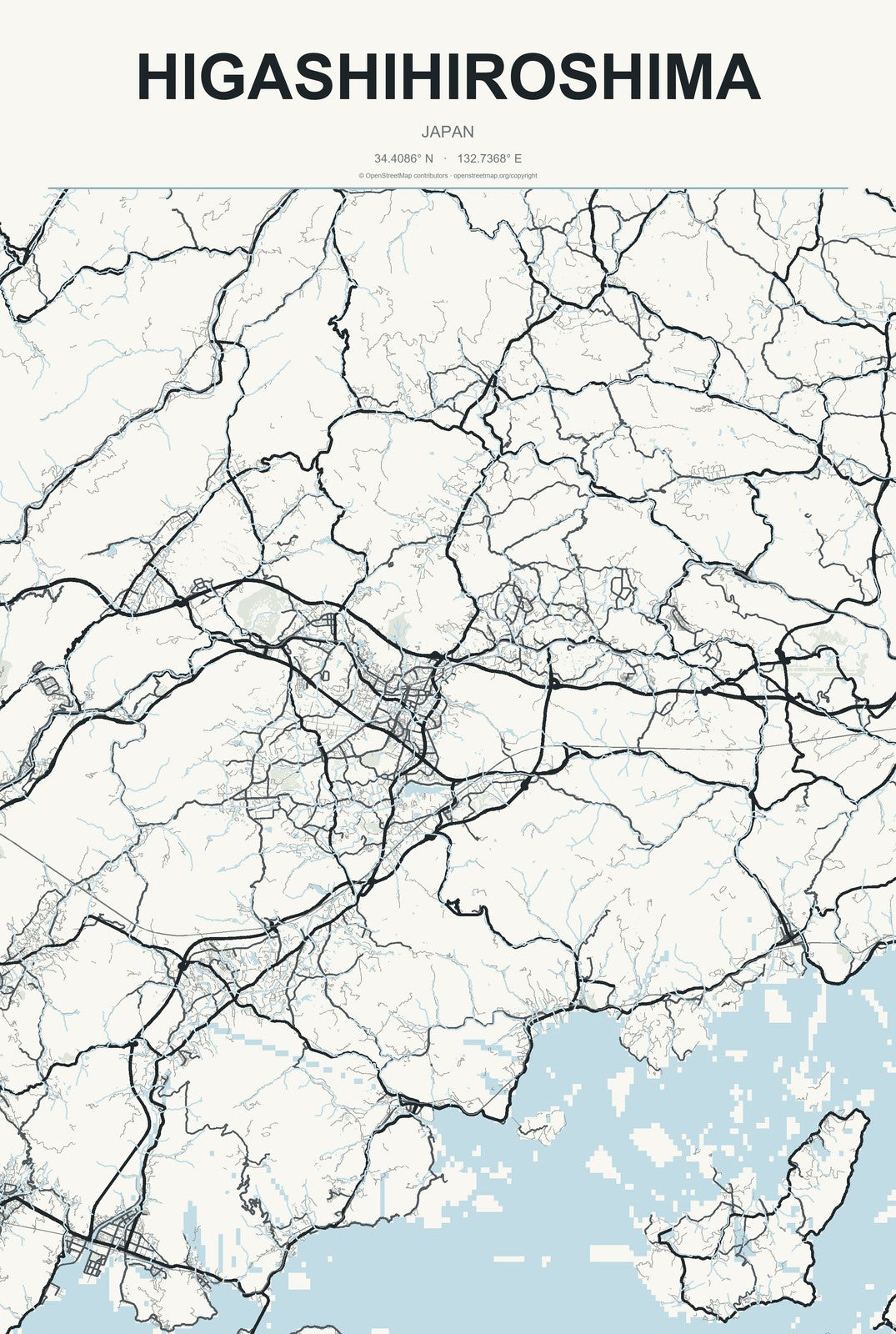 Higashihiroshima, Japan City Map Aluminum Sign in Headline Atlas style