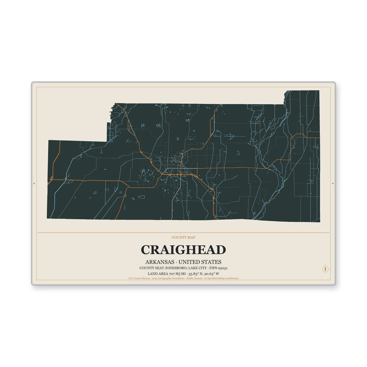Craighead County, Arkansas Map Aluminum Sign in Headline Atlas style