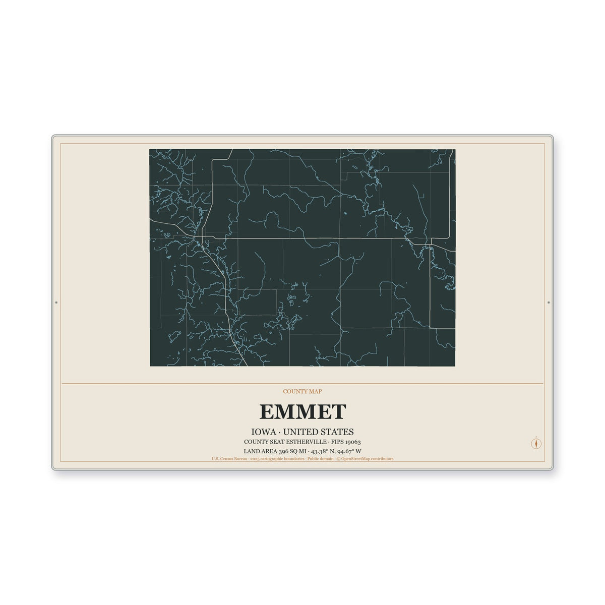 Emmet County, Iowa Map Aluminum Sign in Headline Atlas style