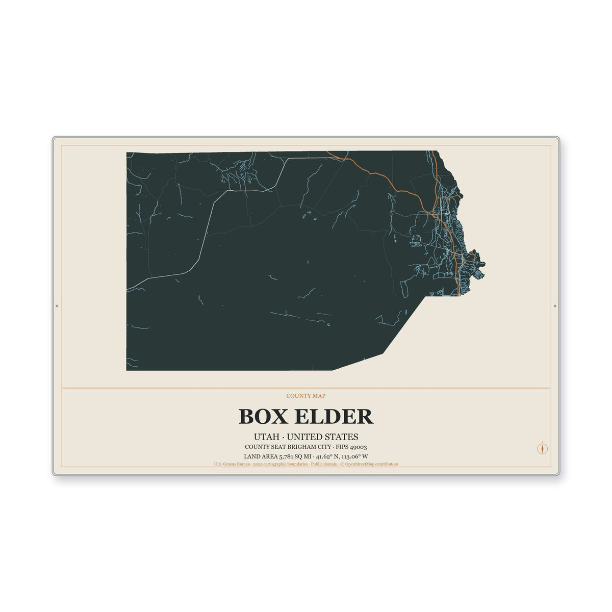 Box Elder County, Utah Map Aluminum Sign in Headline Atlas style