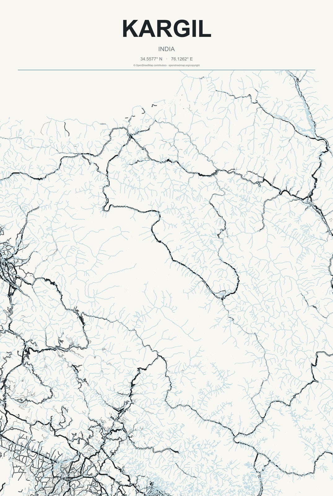 Kargil, India City Map Aluminum Sign in Headline Atlas style