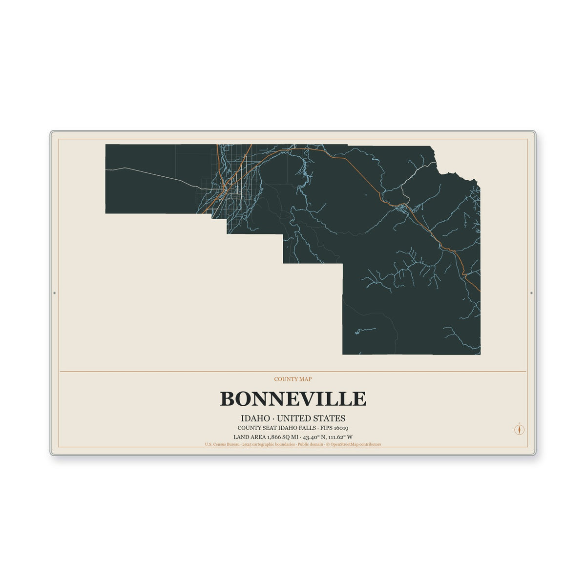 Bonneville County, Idaho Map Aluminum Sign in Headline Atlas style