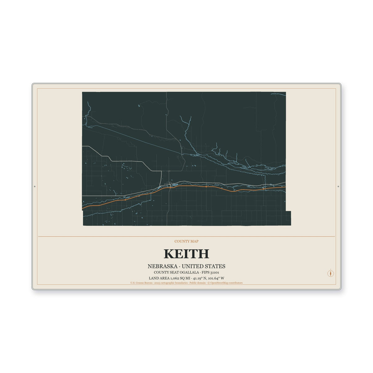 Keith County, Nebraska Map Aluminum Sign in Headline Atlas style