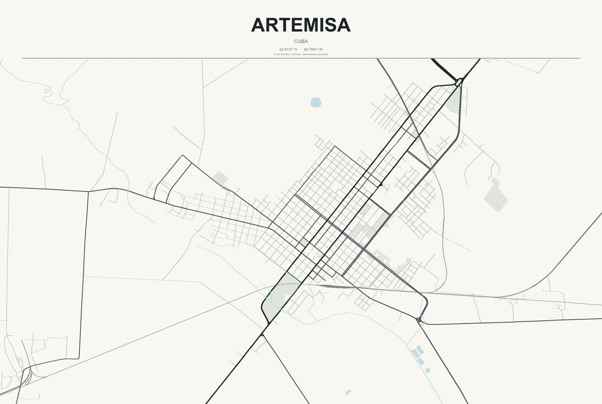 Artemisa, Cuba City Map Aluminum Sign in Headline Atlas style