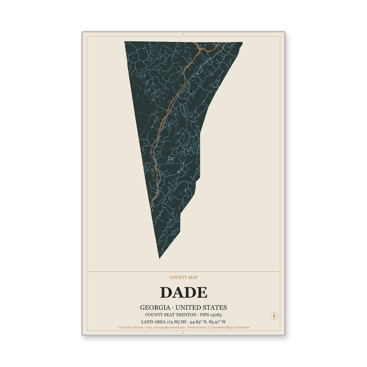Dade County, Georgia Map Aluminum Sign in Headline Atlas style