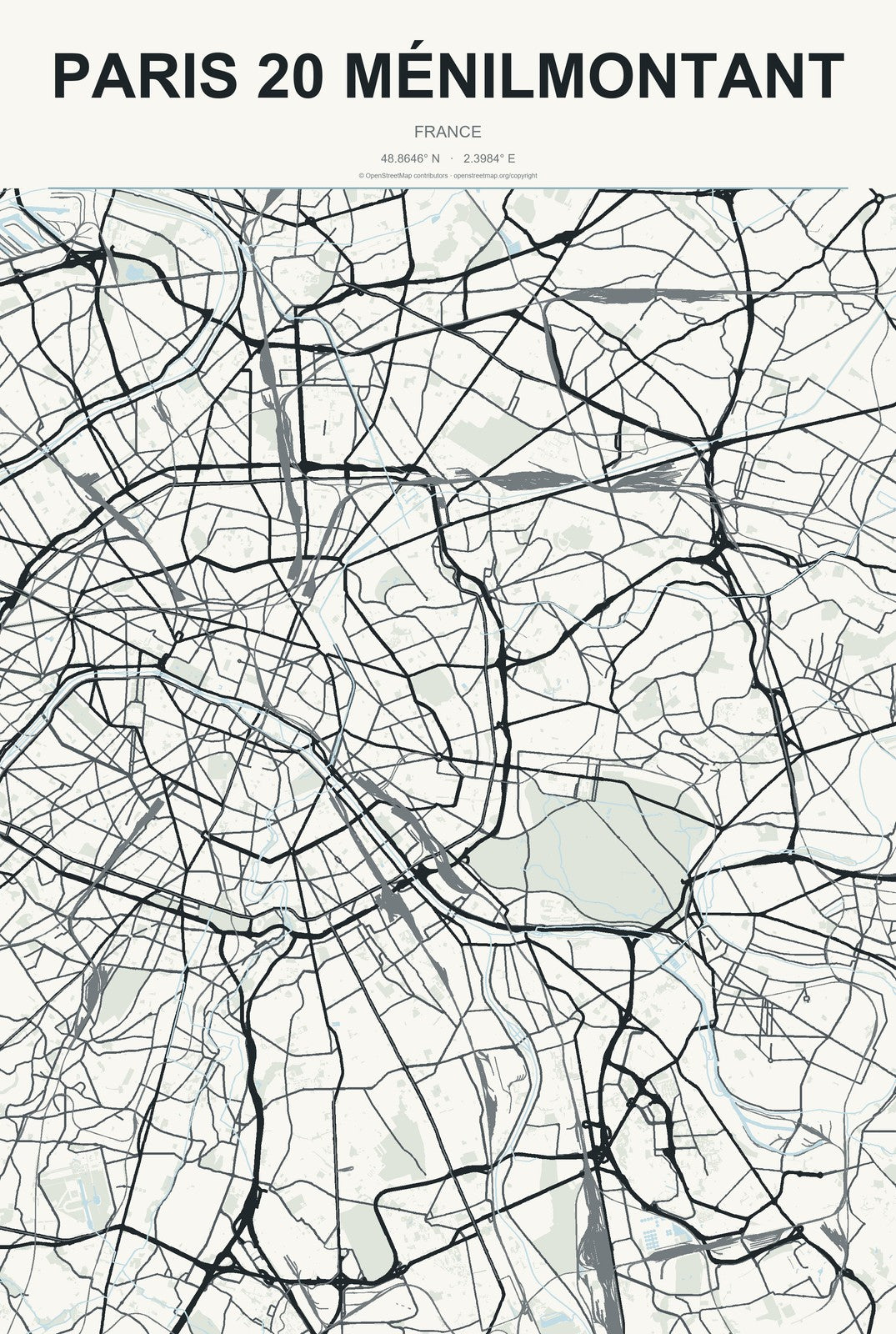 Paris 20 Ménilmontant, France City Map Aluminum Sign in Headline Atlas style
