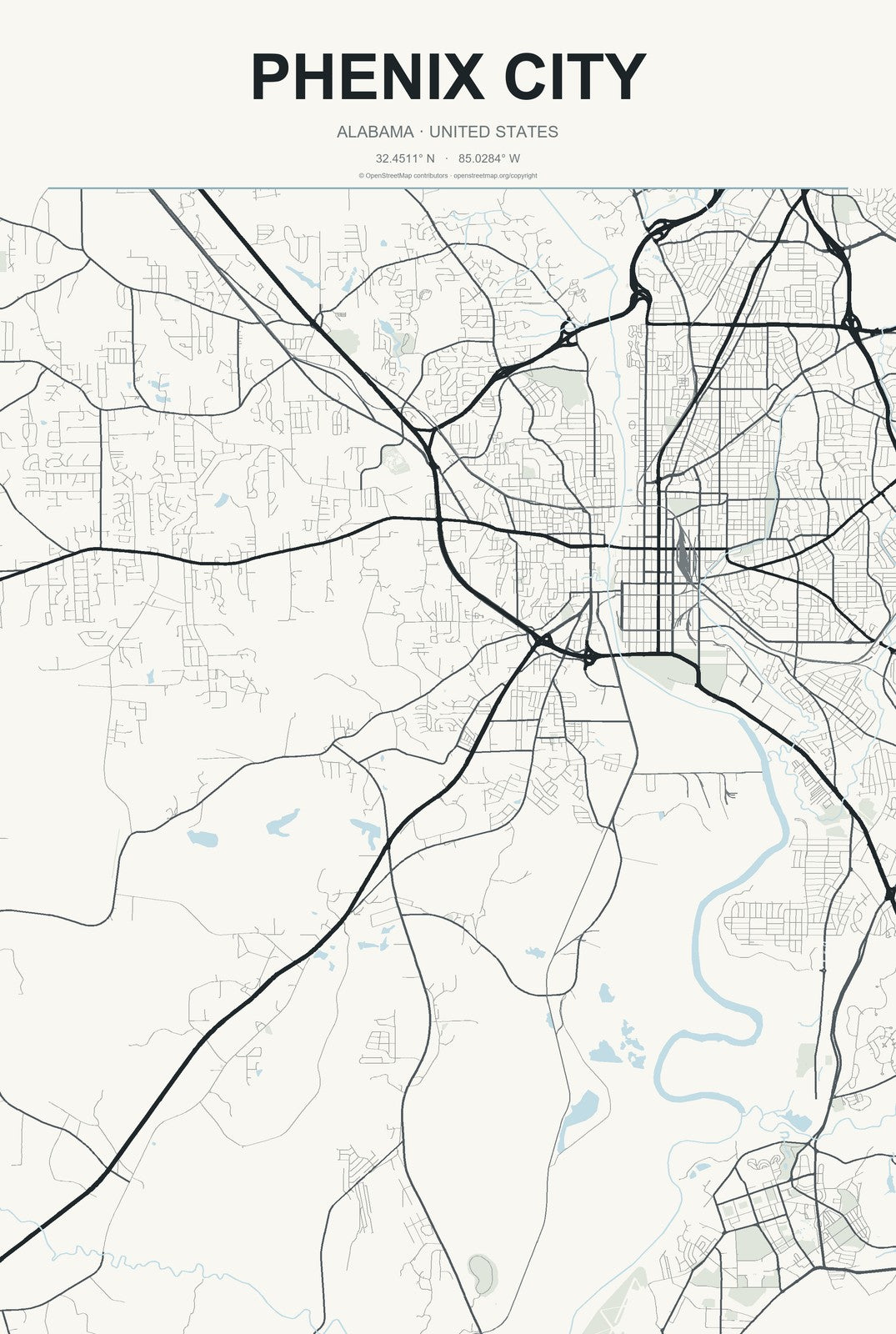 Phenix City, Alabama City Map Aluminum Sign in Headline Atlas style
