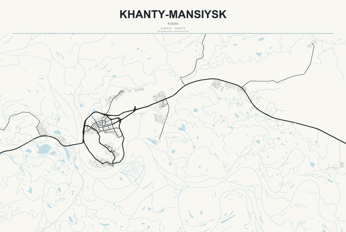 Khanty-Mansiysk, Russia City Map Aluminum Sign in Headline Atlas style