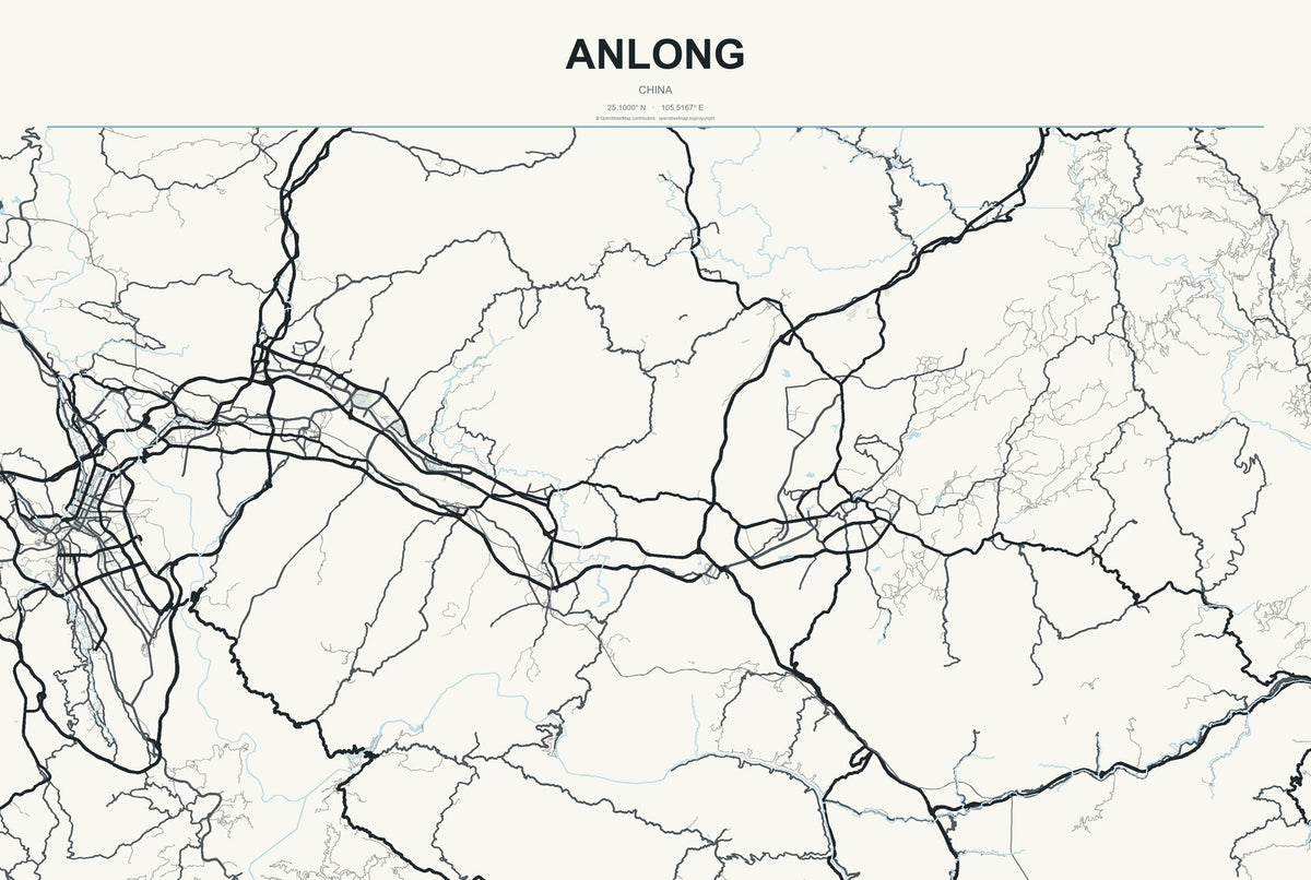 Anlong, China City Map Aluminum Sign in Headline Atlas style