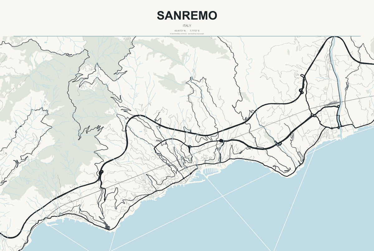 Sanremo, Italy City Map Aluminum Sign in Headline Atlas style