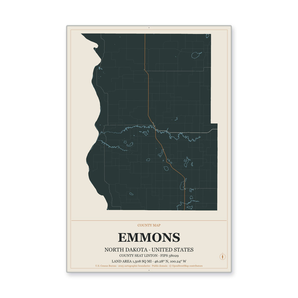 Emmons County, North Dakota Map Aluminum Sign in Headline Atlas style