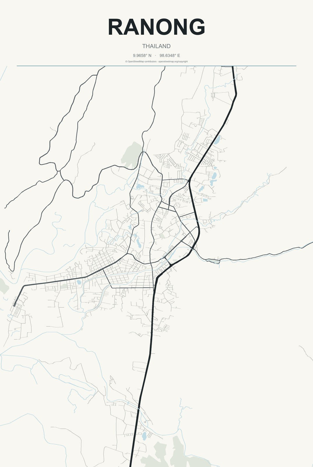 Ranong, Thailand City Map Aluminum Sign in Headline Atlas style