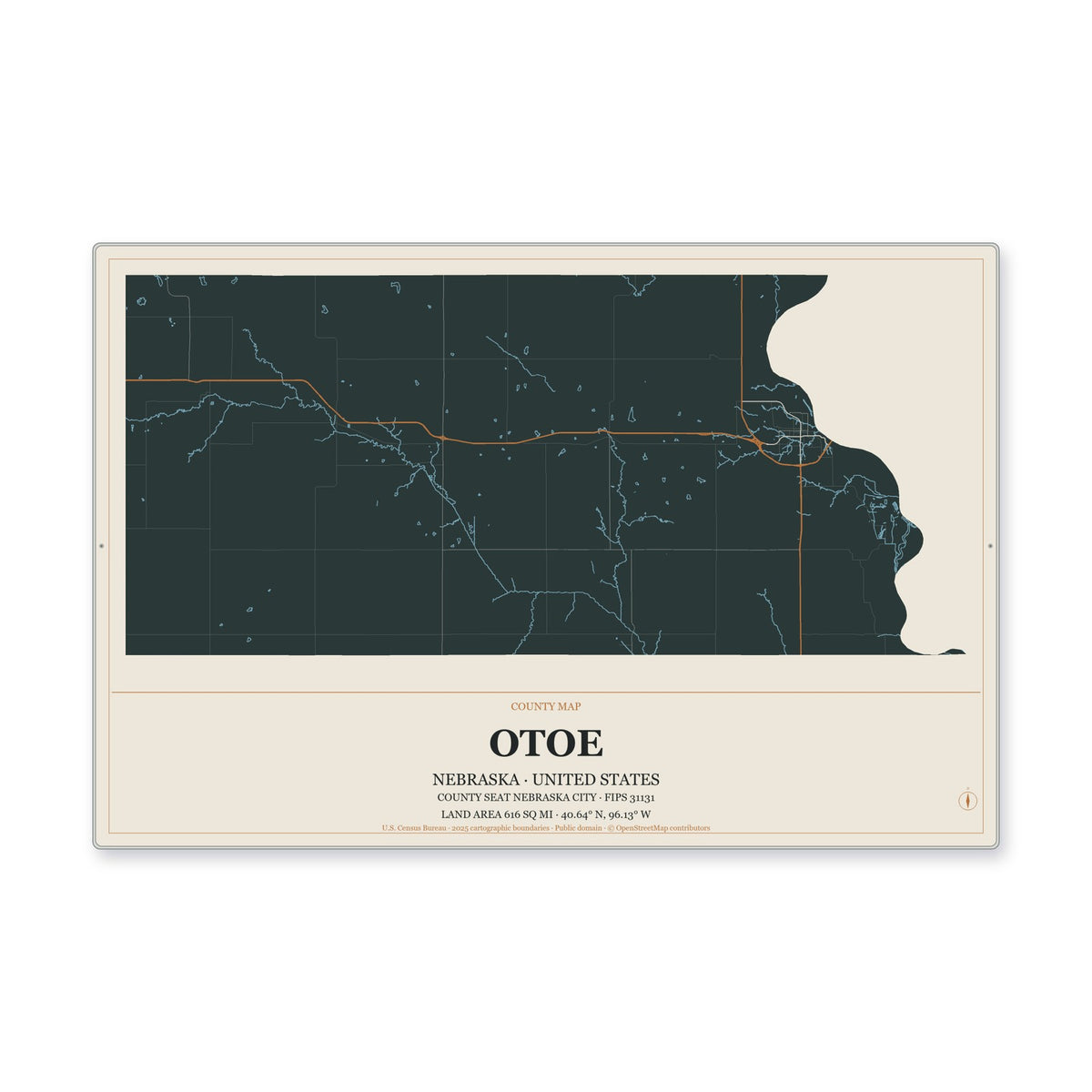 Otoe County, Nebraska Map Aluminum Sign in Headline Atlas style