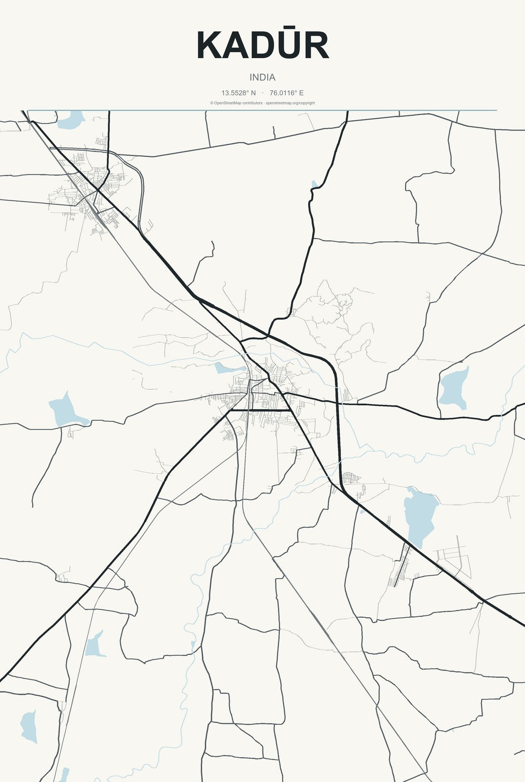 Kadūr, India City Map Aluminum Sign in Headline Atlas style
