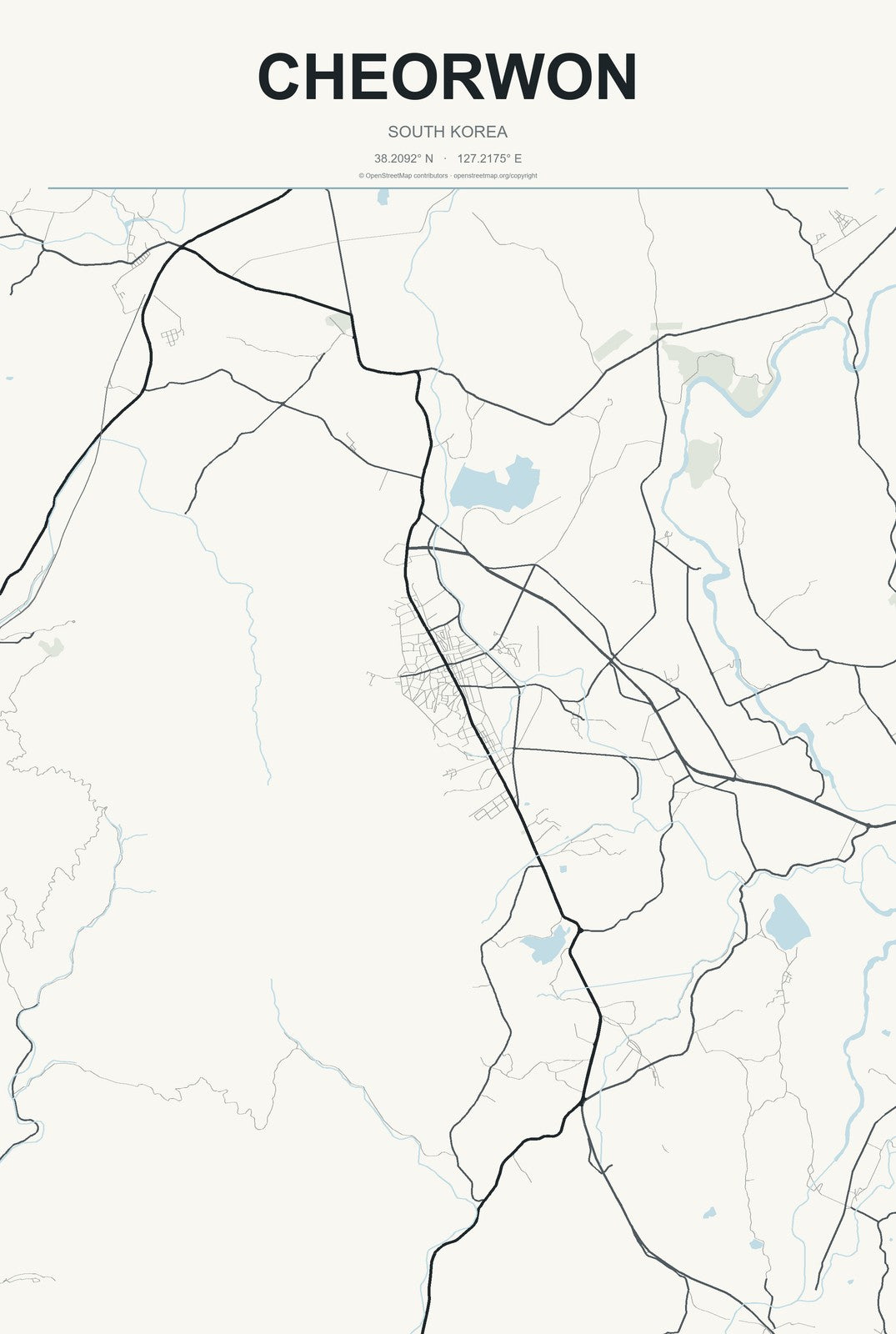 Cheorwon, South Korea City Map Aluminum Sign in Headline Atlas style