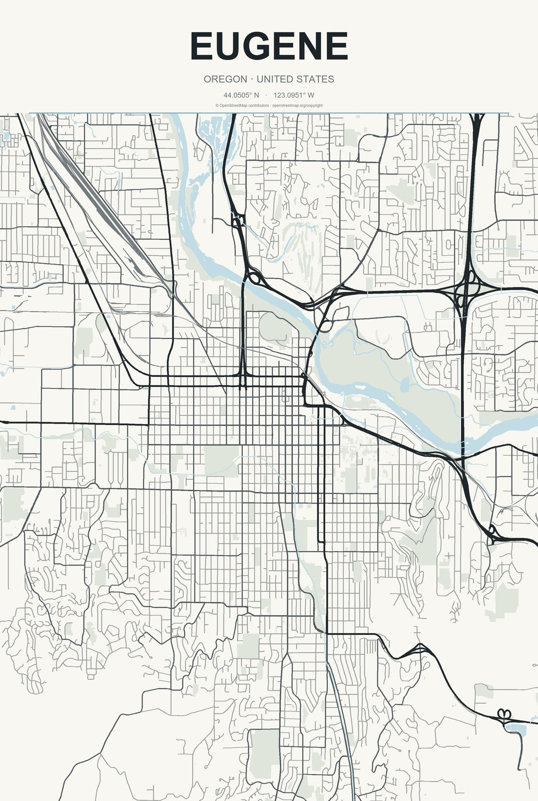 Eugene, Oregon City Map Aluminum Sign in Headline Atlas style