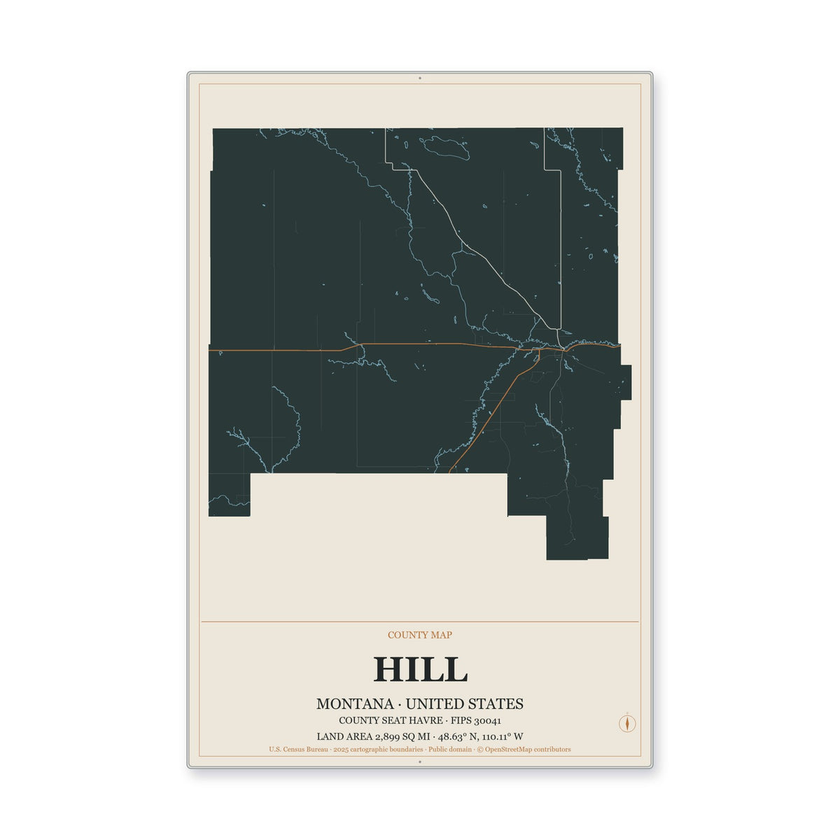 Hill County, Montana Map Aluminum Sign in Headline Atlas style